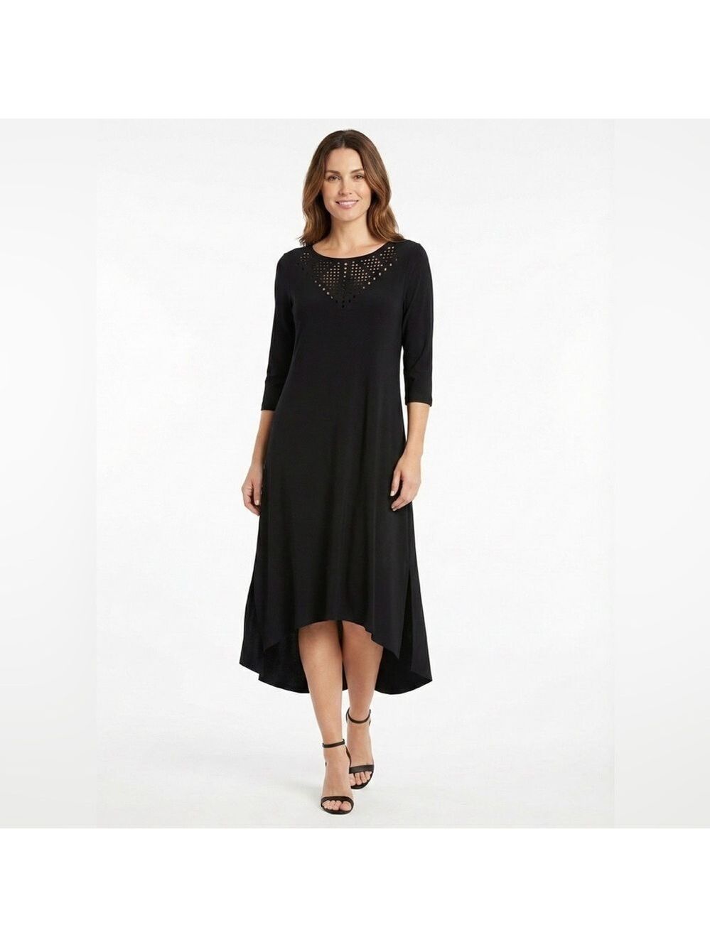 SYMPLI Black Midi Dress Hi-Lo Hem 3/4 Sleeves Laser Cut Bodice Detail US SZ 6